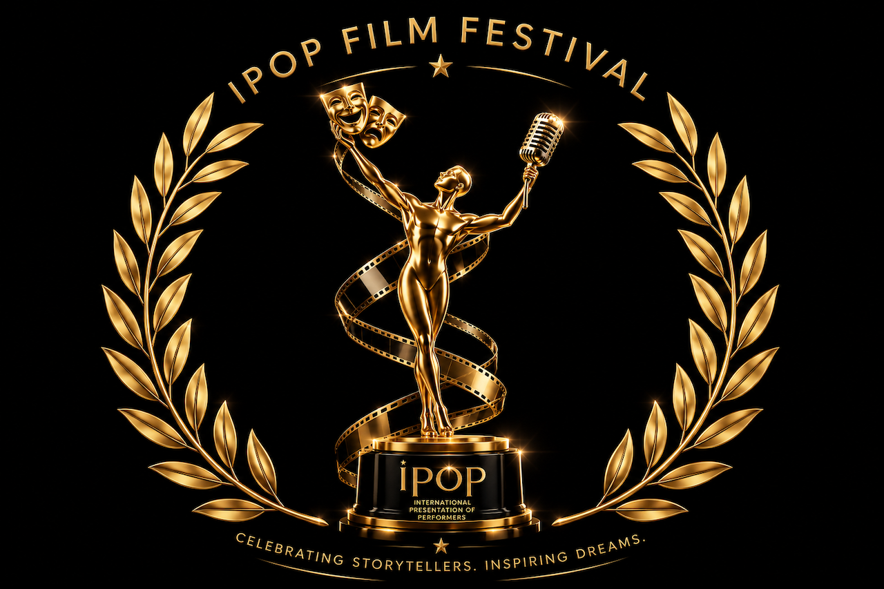 iPOP Film Festival statue surrounded by a gold laurel